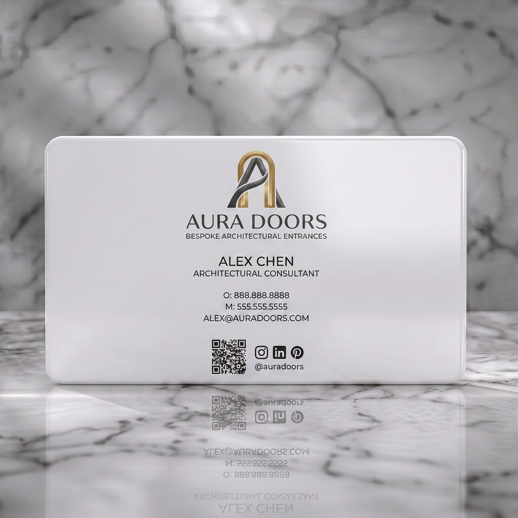 Solid white PVC business card featuring elegant gold/grey logo, modern sans-serif fonts, and minimalist social media/QR icons