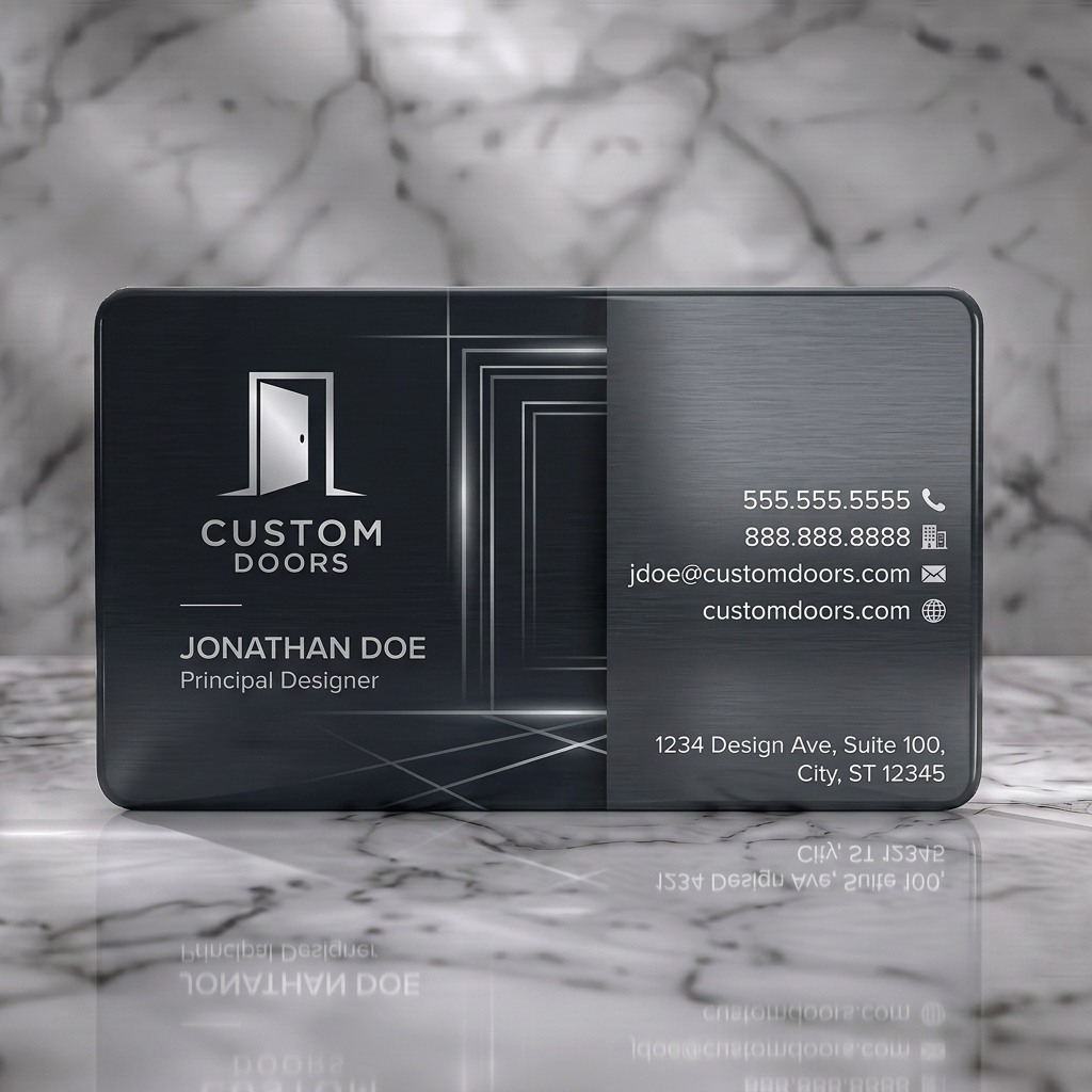 Solid white PVC business card featuring a dark, metallic-accented design with a door logo, abstract lines, modern sans-serif typography, and contact icons