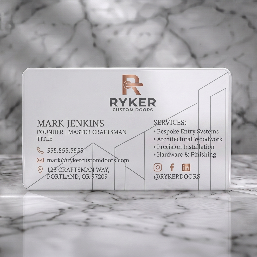 Solid white PVC business card featuring dark, sophisticated design with metallic copper accents, mixed typography, geometric patterns, and icons