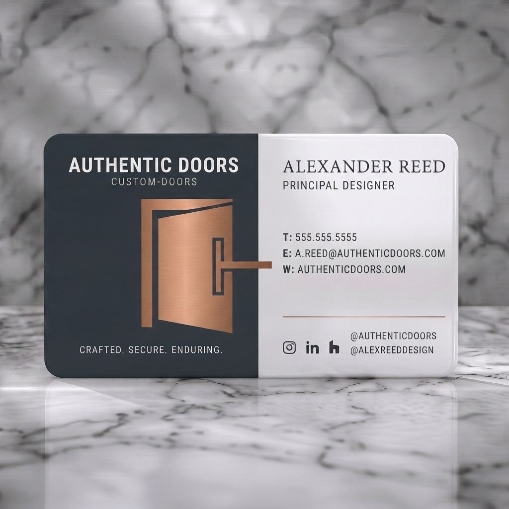 Solid white PVC business card featuring modern split-layout, charcoal & white with copper door logo, serif & sans-serif typography, social icons