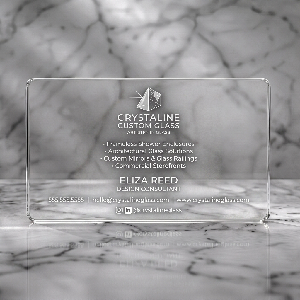 Clear plastic business card featuring sleek white crystal logo, clean sans-serif typography, and minimalist social media icons