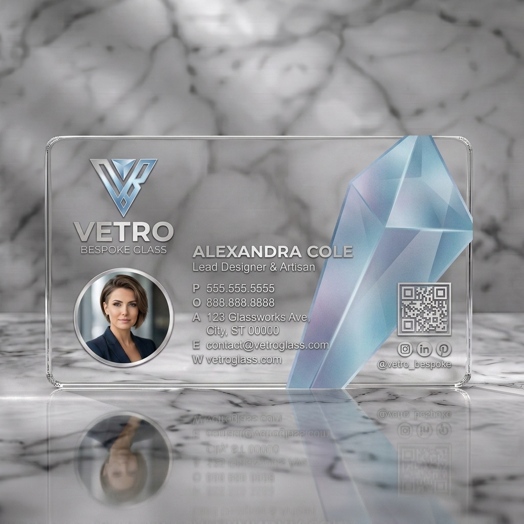 Clear plastic business card featuring metallic logo, faceted glass graphic, clean sans-serif typography, professional photo, social icons