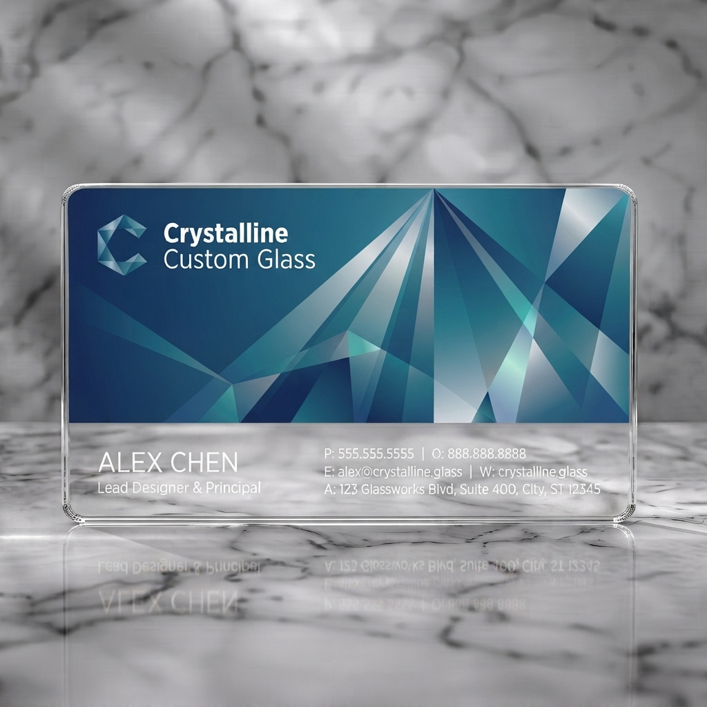 Clear plastic business card featuring geometric blue and teal crystal pattern, sleek sans-serif typography, and a faceted 'C' logo