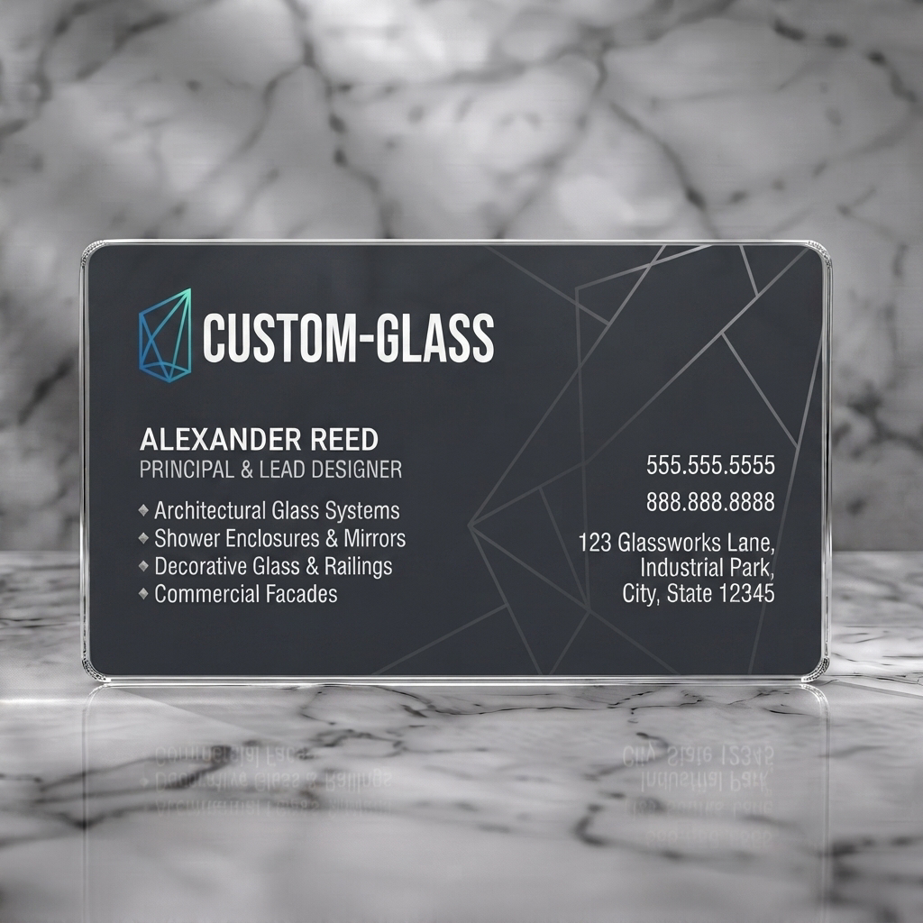 Clear plastic business card featuring modern, dark gray design with geometric glass icon, blue accents, and clean sans-serif typography