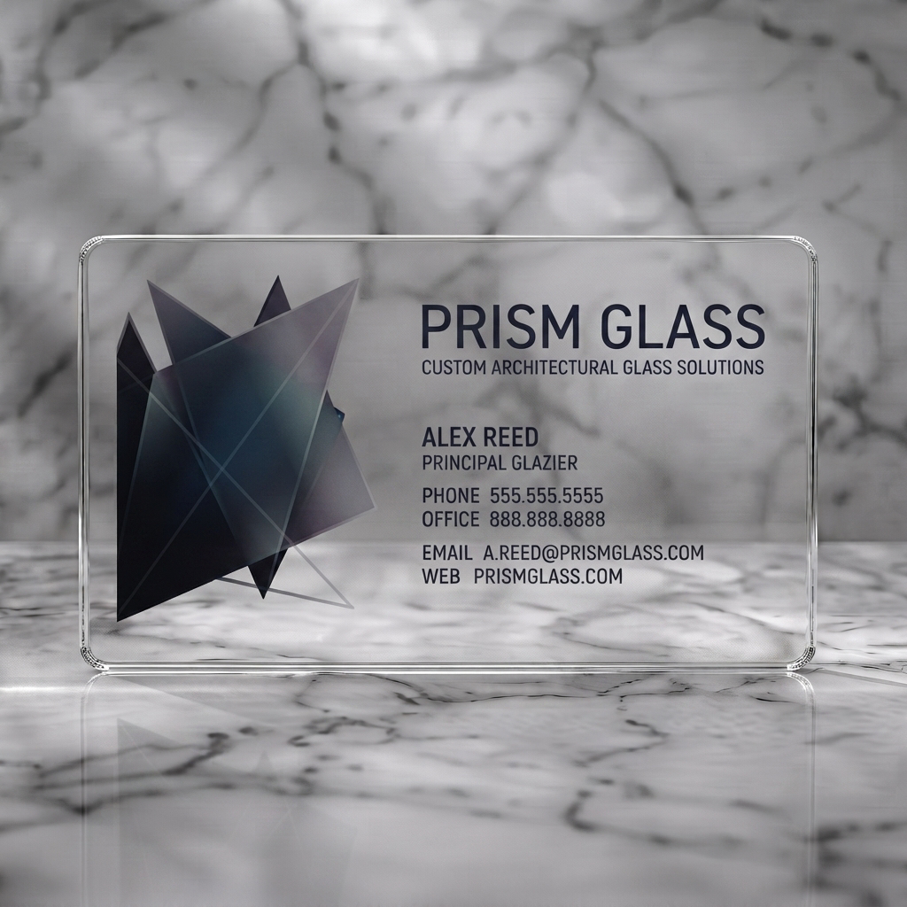 Clear plastic business card featuring geometric glass art graphic, deep indigo and vibrant blue colors, with clean sans-serif typography