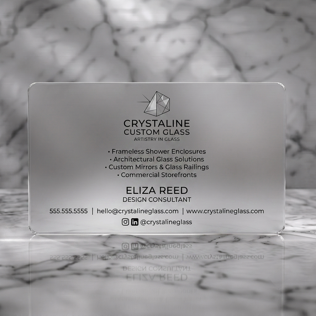 Frosted translucent plastic business card featuring sleek white crystal logo, clean sans-serif typography, and minimalist social media icons