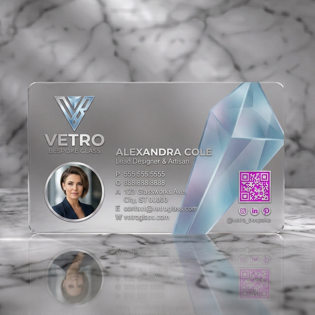 Frosted translucent plastic business card featuring metallic logo, faceted glass graphic, clean sans-serif typography, professional photo, social icons