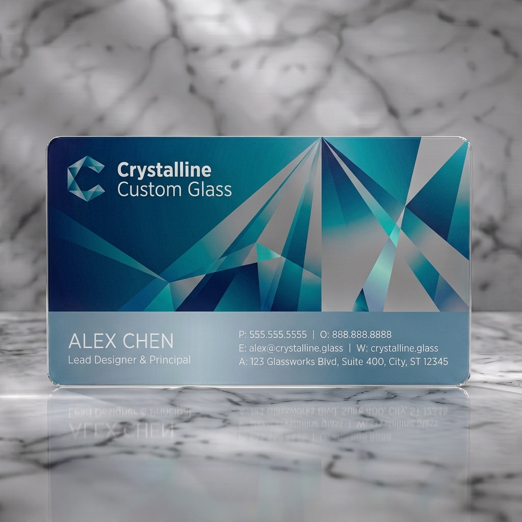 Frosted translucent plastic business card featuring geometric blue and teal crystal pattern, sleek sans-serif typography, and a faceted 'C' logo