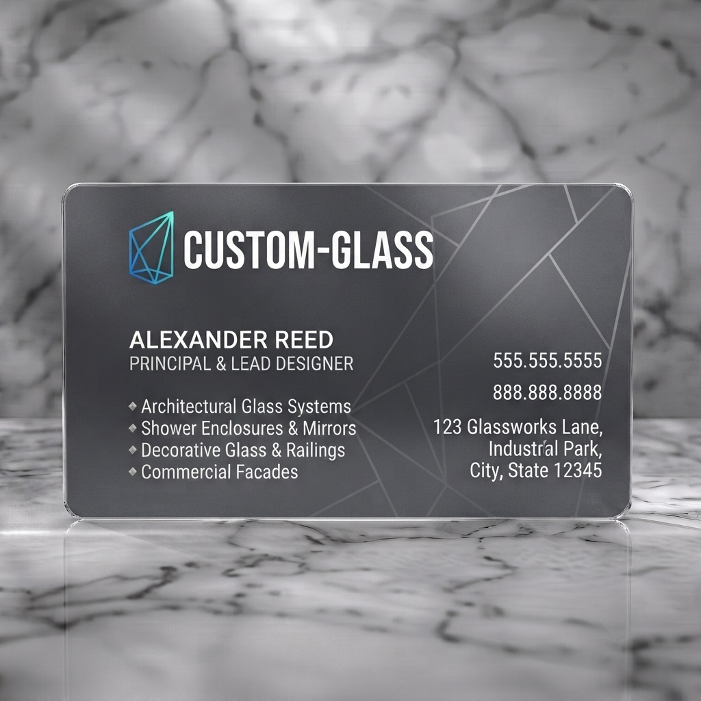 Frosted translucent plastic business card featuring modern, dark gray design with geometric glass icon, blue accents, and clean sans-serif typography