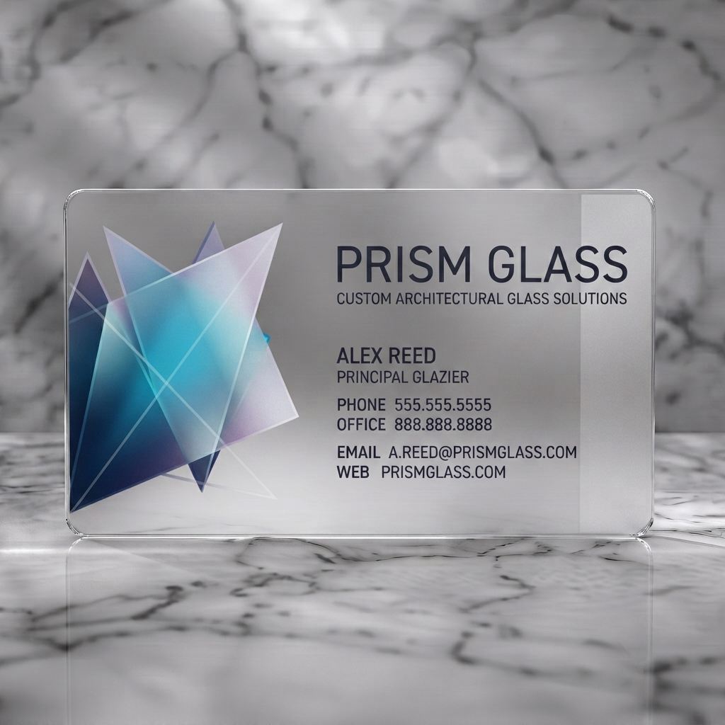 Frosted translucent plastic business card featuring geometric glass art graphic, deep indigo and vibrant blue colors, with clean sans-serif typography