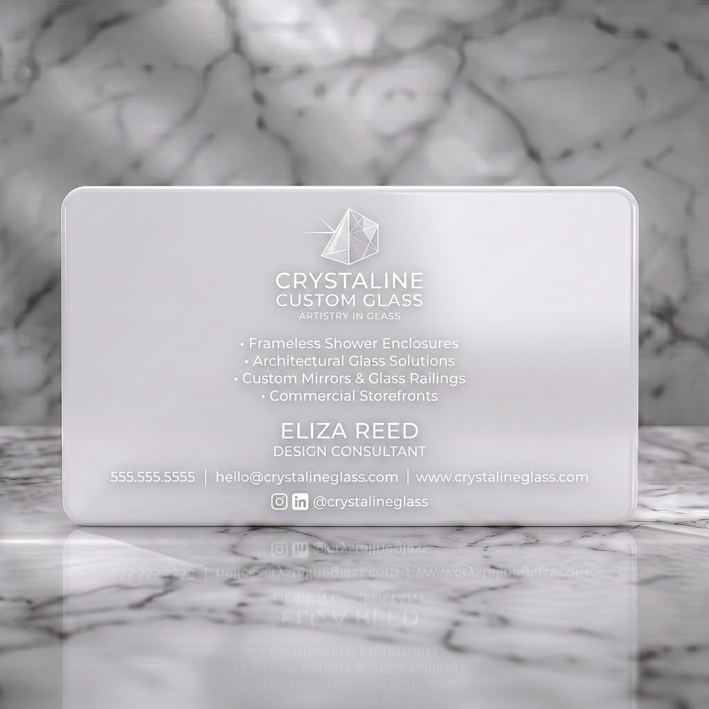 Solid white PVC business card featuring sleek white crystal logo, clean sans-serif typography, and minimalist social media icons