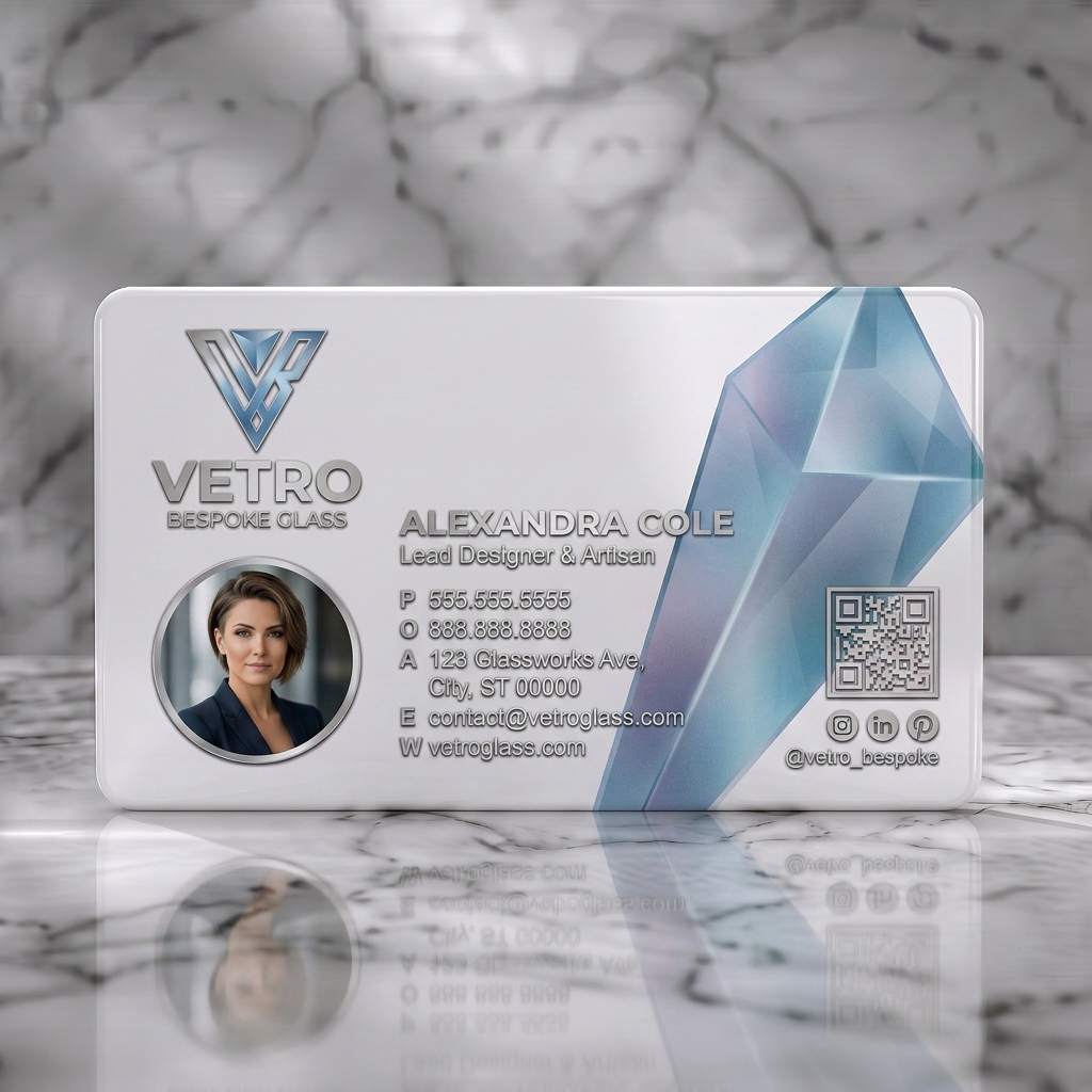 Solid white PVC business card featuring metallic logo, faceted glass graphic, clean sans-serif typography, professional photo, social icons