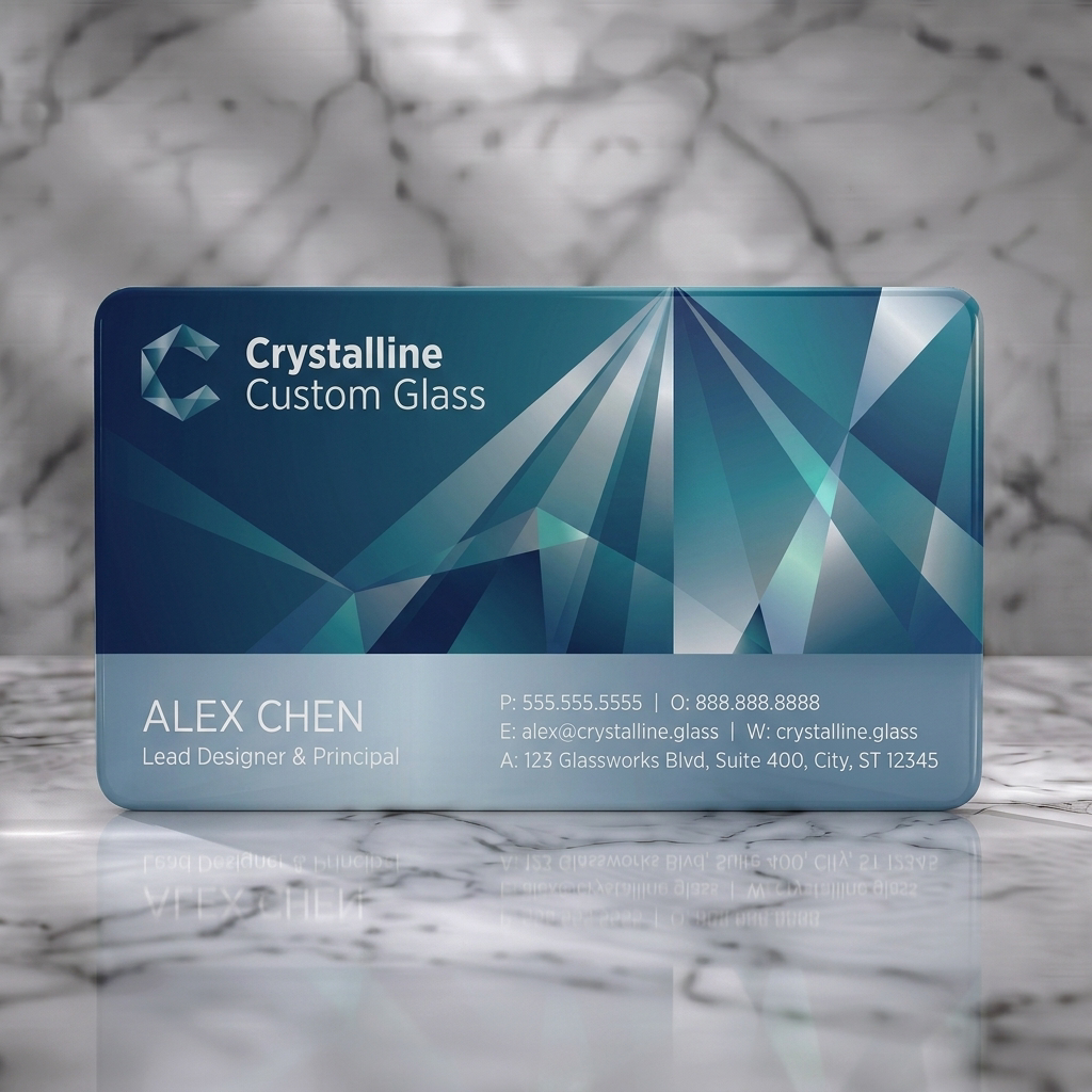 Solid white PVC business card featuring geometric blue and teal crystal pattern, sleek sans-serif typography, and a faceted 'C' logo