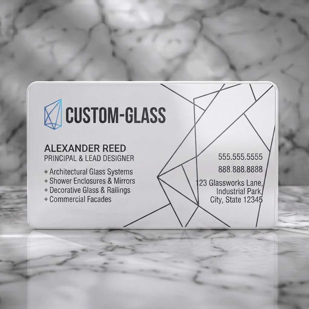 Solid white PVC business card featuring modern, dark gray design with geometric glass icon, blue accents, and clean sans-serif typography