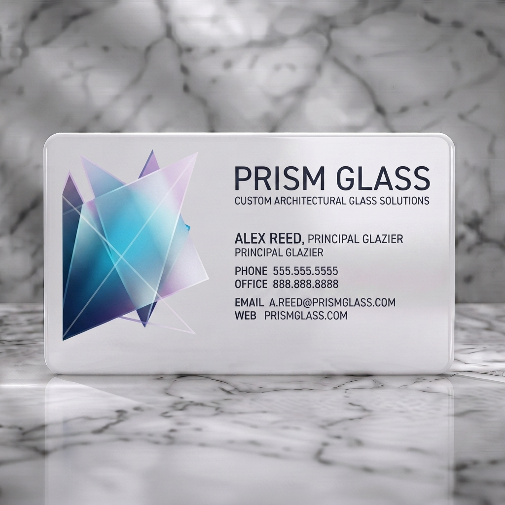 Solid white PVC business card featuring geometric glass art graphic, deep indigo and vibrant blue colors, with clean sans-serif typography