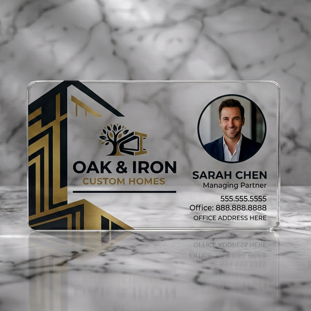 Clear plastic business card featuring charcoal and gold architectural design, tree & beam logo, sans-serif typography, and professional headshot