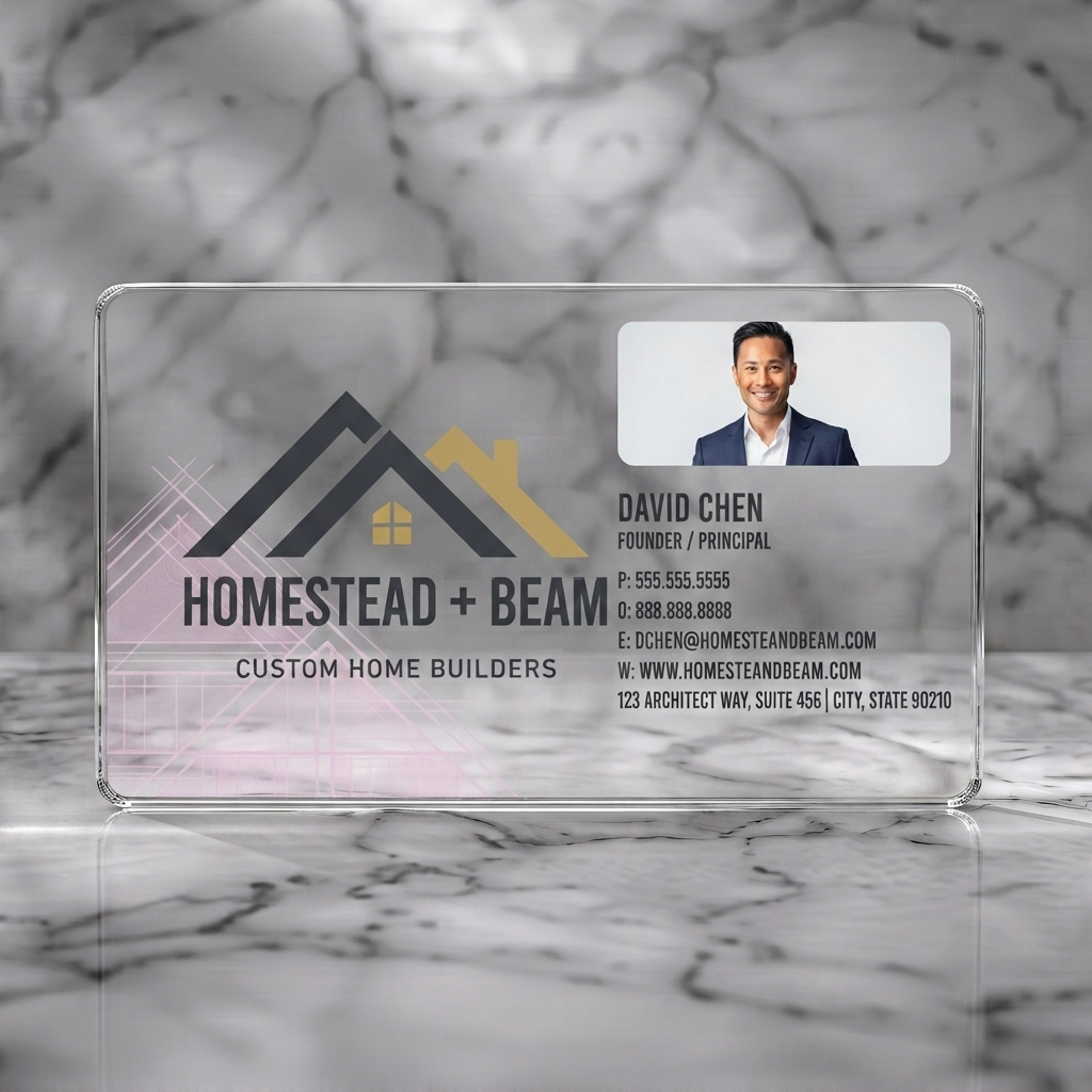 Clear plastic business card featuring modern architectural logo, charcoal & gold branding, subtle blueprint lines, professional photo, clean text