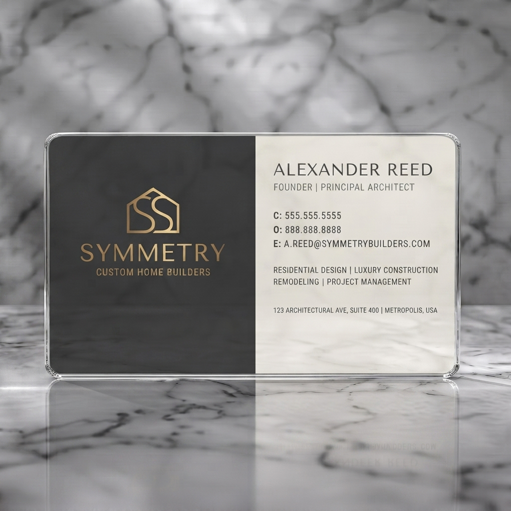 Clear plastic business card featuring modern two-tone design, gold house logo, sans-serif typography, dark gray and light gray palette
