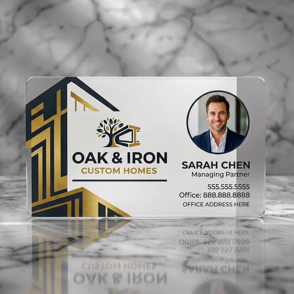 Frosted translucent plastic business card featuring charcoal and gold architectural design, tree & beam logo, sans-serif typography, and professional headshot