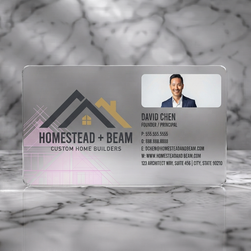 Frosted translucent plastic business card featuring modern architectural logo, charcoal & gold branding, subtle blueprint lines, professional photo, clean text
