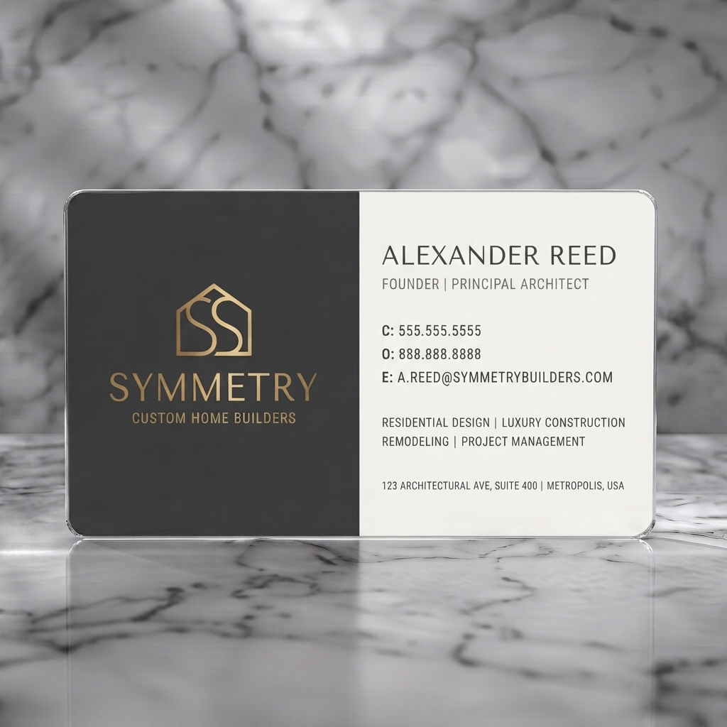 Frosted translucent plastic business card featuring modern two-tone design, gold house logo, sans-serif typography, dark gray and light gray palette