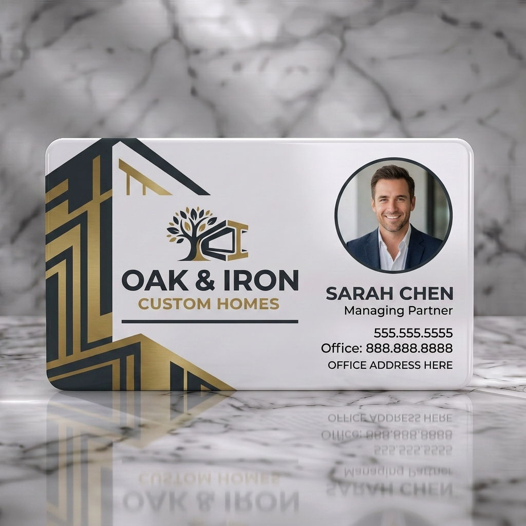 Solid white PVC business card featuring charcoal and gold architectural design, tree & beam logo, sans-serif typography, and professional headshot