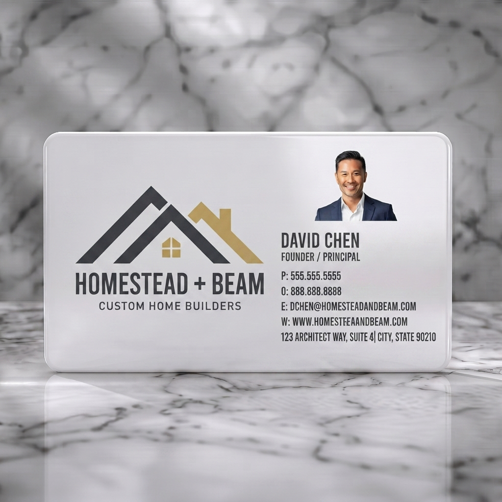 Solid white PVC business card featuring modern architectural logo, charcoal & gold branding, subtle blueprint lines, professional photo, clean text
