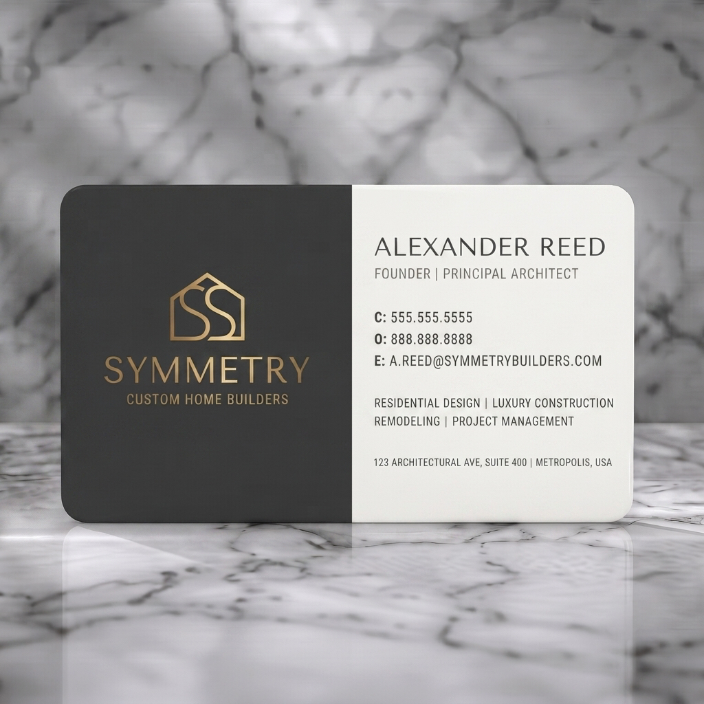 Solid white PVC business card featuring modern two-tone design, gold house logo, sans-serif typography, dark gray and light gray palette