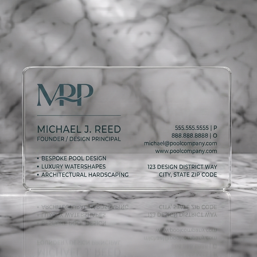Clear plastic business card featuring modern, minimalist design, dark teal water-wave logo, black sans-serif text, and clean layout