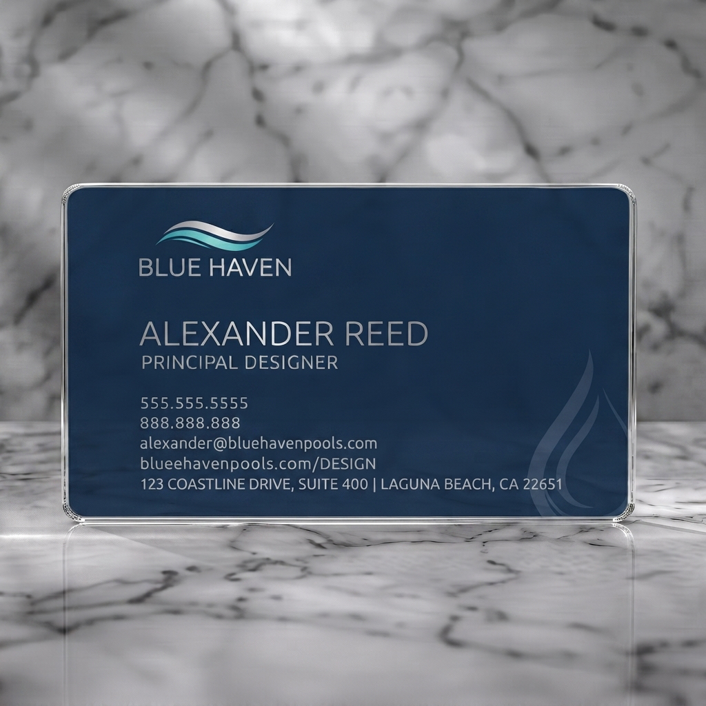 Clear plastic business card featuring modern navy and silver design with wave logo, subtle water graphic, and clean sans-serif text