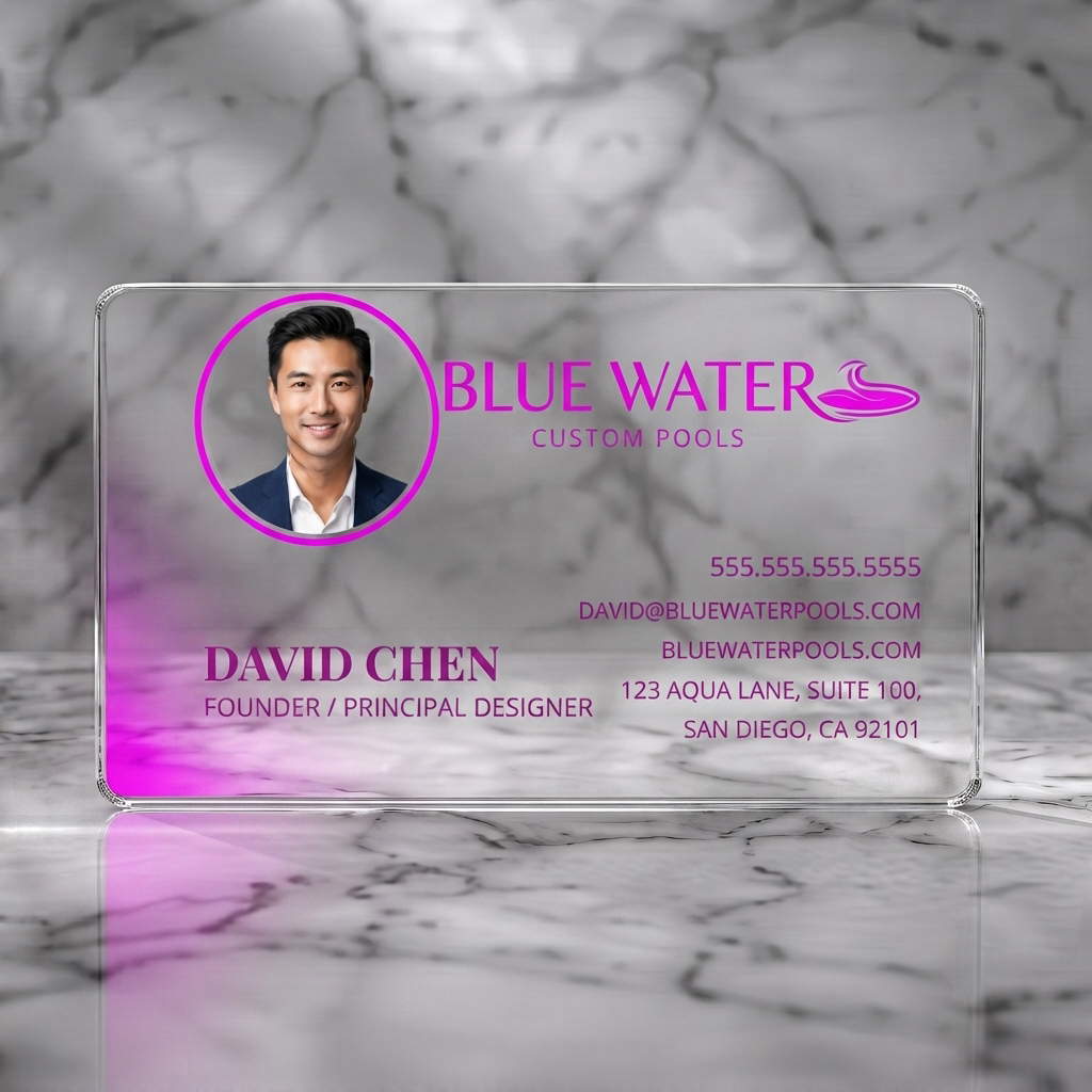Clear plastic business card featuring a clean blue wave design, modern sans-serif typography, a wave logo, and a circular profile photo
