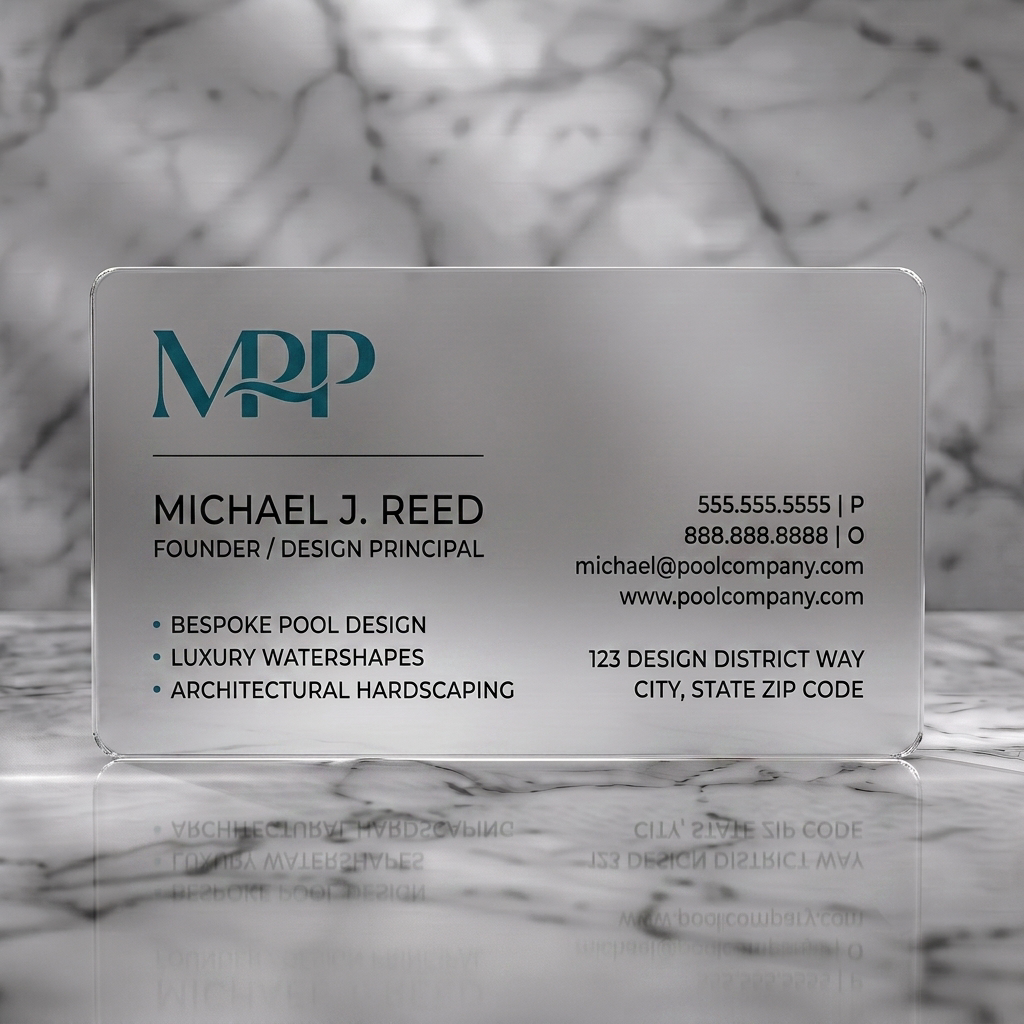 Frosted translucent plastic business card featuring modern, minimalist design, dark teal water-wave logo, black sans-serif text, and clean layout
