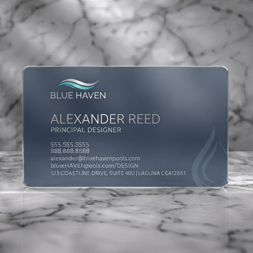 Frosted translucent plastic business card featuring modern navy and silver design with wave logo, subtle water graphic, and clean sans-serif text