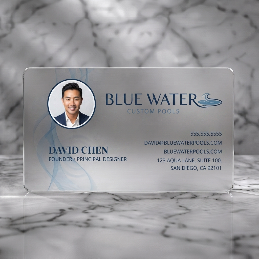 Frosted translucent plastic business card featuring a clean blue wave design, modern sans-serif typography, a wave logo, and a circular profile photo
