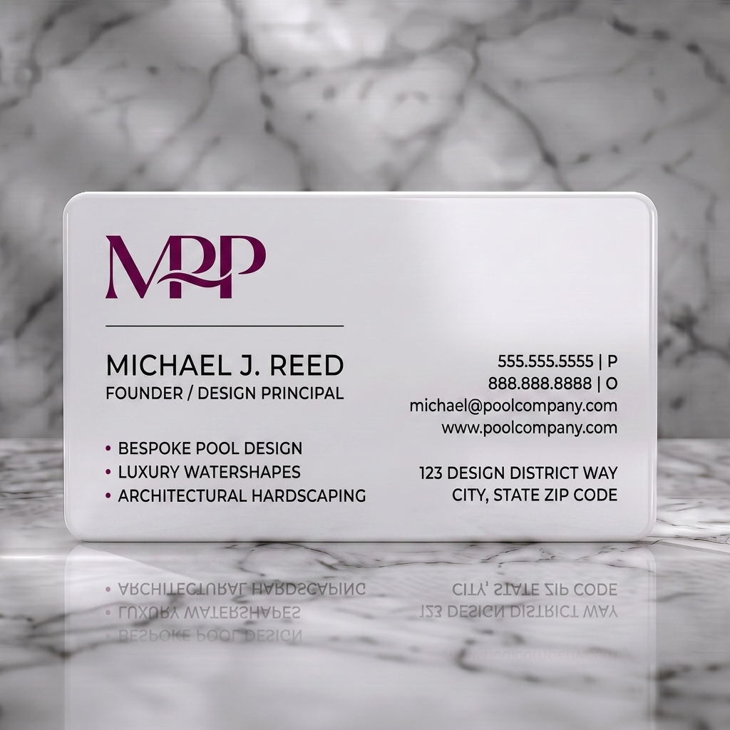 Solid white PVC business card featuring modern, minimalist design, dark teal water-wave logo, black sans-serif text, and clean layout