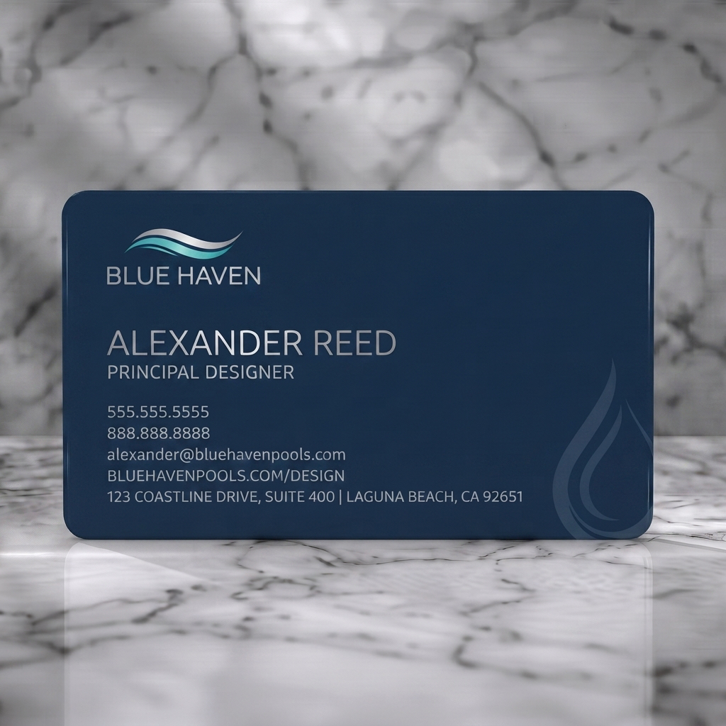 Solid white PVC business card featuring modern navy and silver design with wave logo, subtle water graphic, and clean sans-serif text