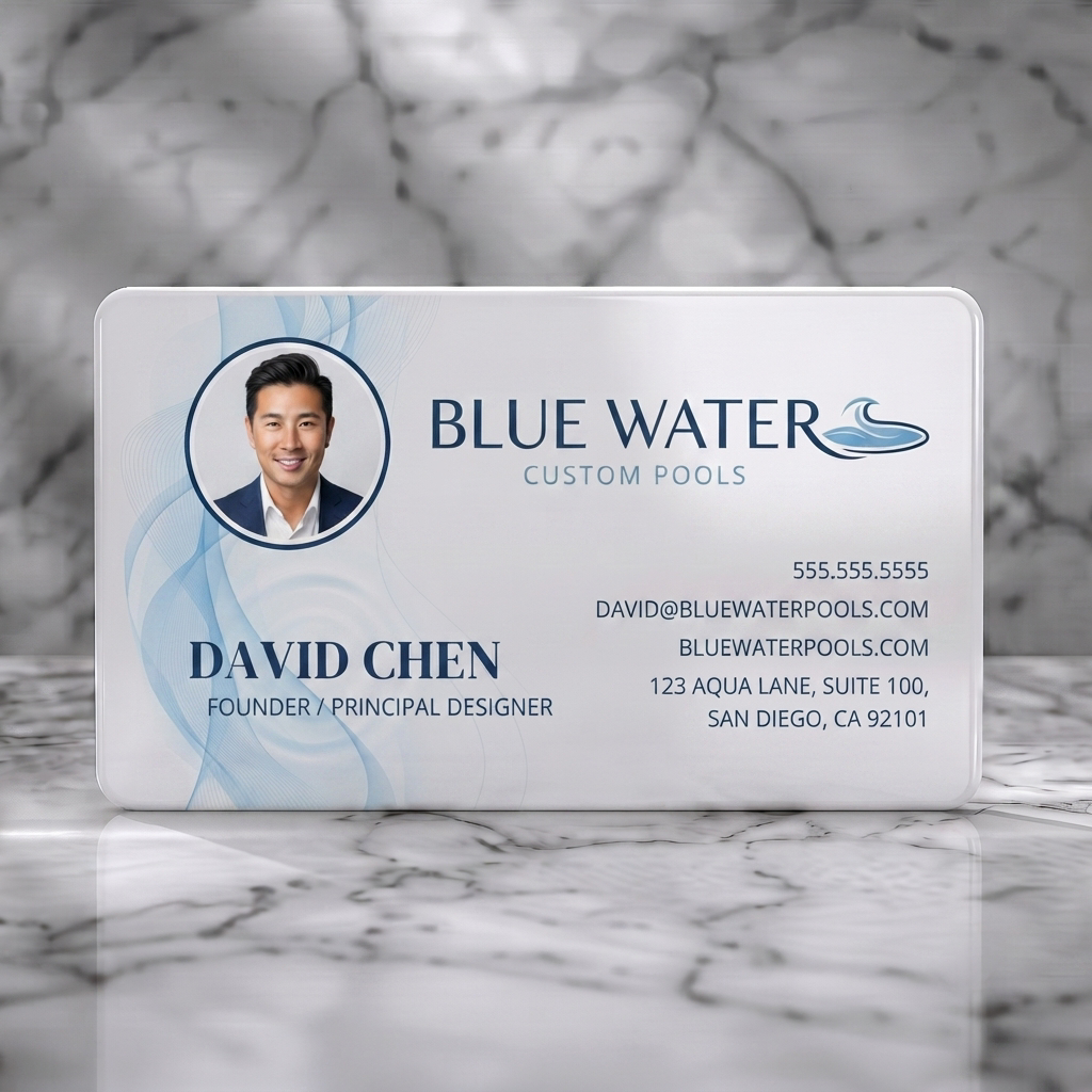 Solid white PVC business card featuring a clean blue wave design, modern sans-serif typography, a wave logo, and a circular profile photo