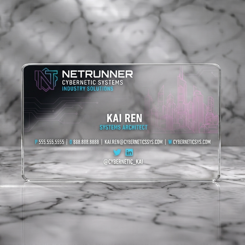 Clear plastic business card featuring cyberpunk neon cityscape, circuit patterns, black/blue/pink, modern typography, tech icons