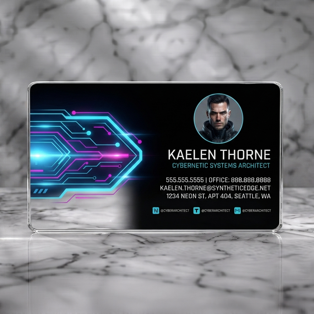 Clear plastic business card featuring glowing cyberpunk circuit pattern, neon blue and pink accents, clean white text, and social icons