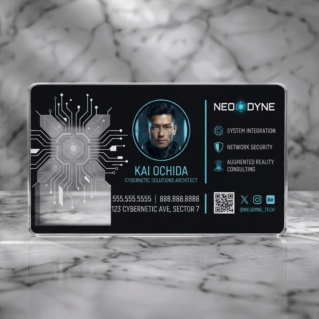 Clear plastic business card featuring dark cyberpunk design, neon blue/magenta circuit board graphics, modern sans-serif typography, and tech icons