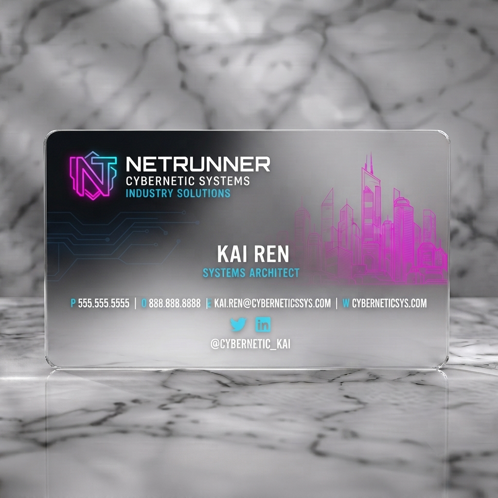 Frosted translucent plastic business card featuring cyberpunk neon cityscape, circuit patterns, black/blue/pink, modern typography, tech icons