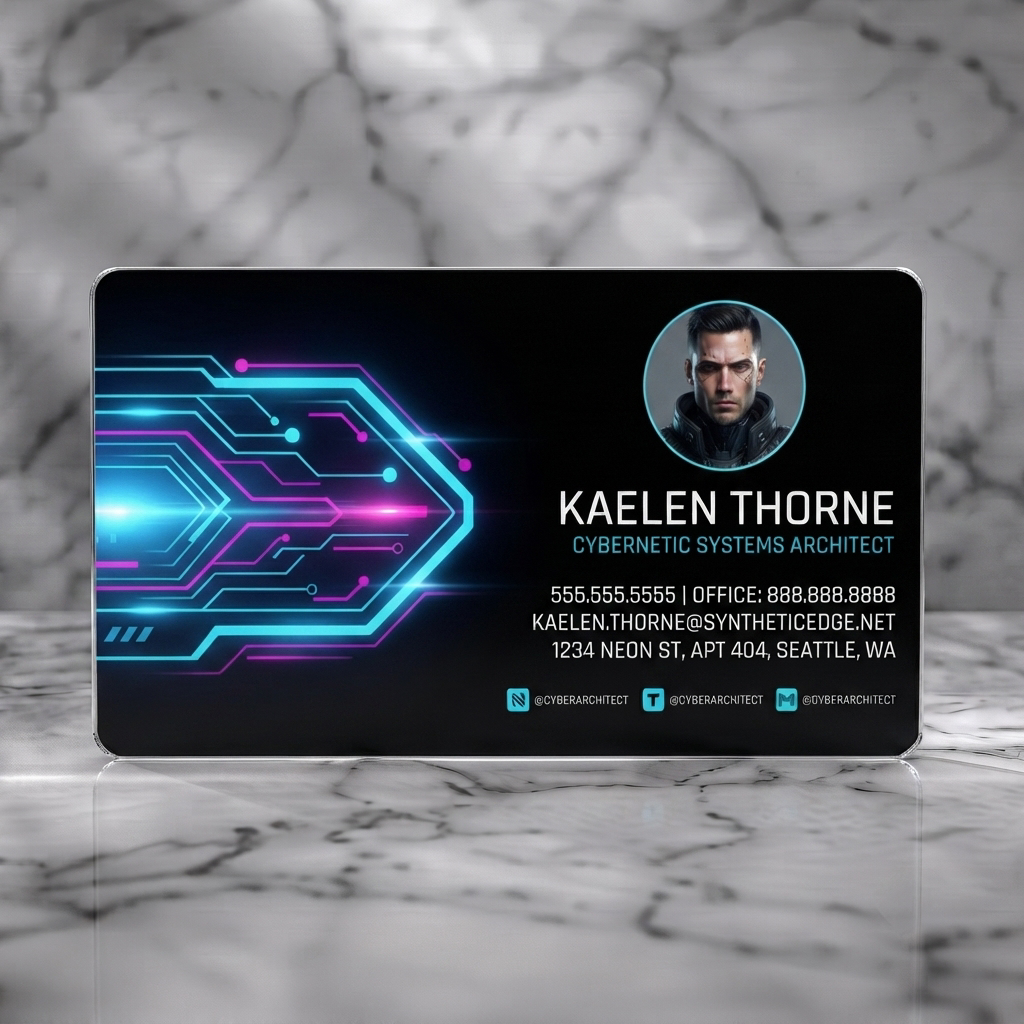 Frosted translucent plastic business card featuring glowing cyberpunk circuit pattern, neon blue and pink accents, clean white text, and social icons