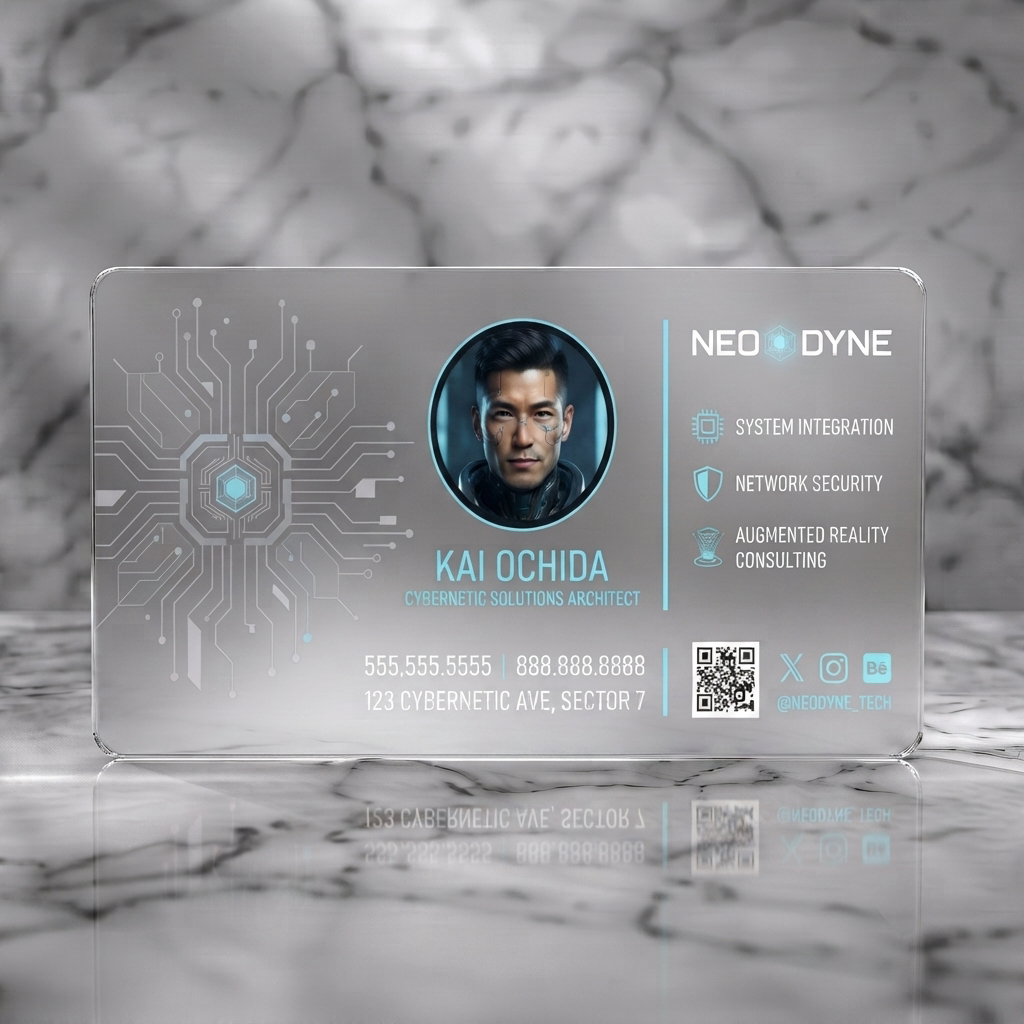 Frosted translucent plastic business card featuring dark cyberpunk design, neon blue/magenta circuit board graphics, modern sans-serif typography, and tech icons