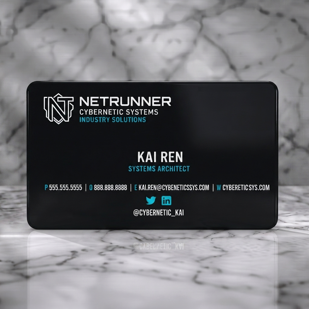 Solid white PVC business card featuring cyberpunk neon cityscape, circuit patterns, black/blue/pink, modern typography, tech icons
