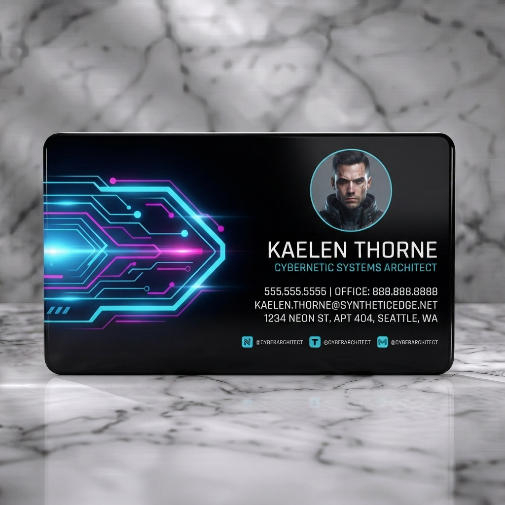 Solid white PVC business card featuring glowing cyberpunk circuit pattern, neon blue and pink accents, clean white text, and social icons