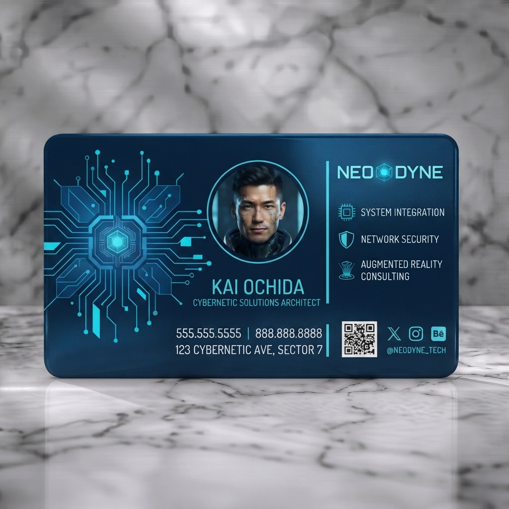 Solid white PVC business card featuring dark cyberpunk design, neon blue/magenta circuit board graphics, modern sans-serif typography, and tech icons
