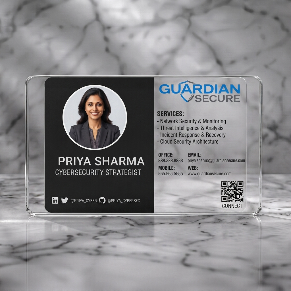 Clear plastic business card featuring a modern split-layout with blue and gray branding, sans-serif typography, a shield logo, and social media icons