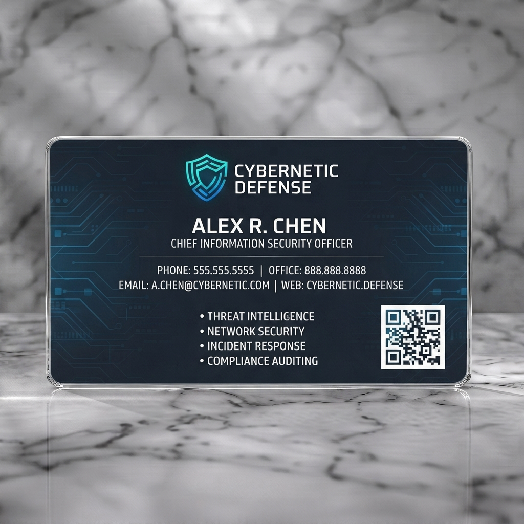 Clear plastic business card featuring a sleek dark blue digital circuit pattern, light blue shield logo, and white sans-serif typography