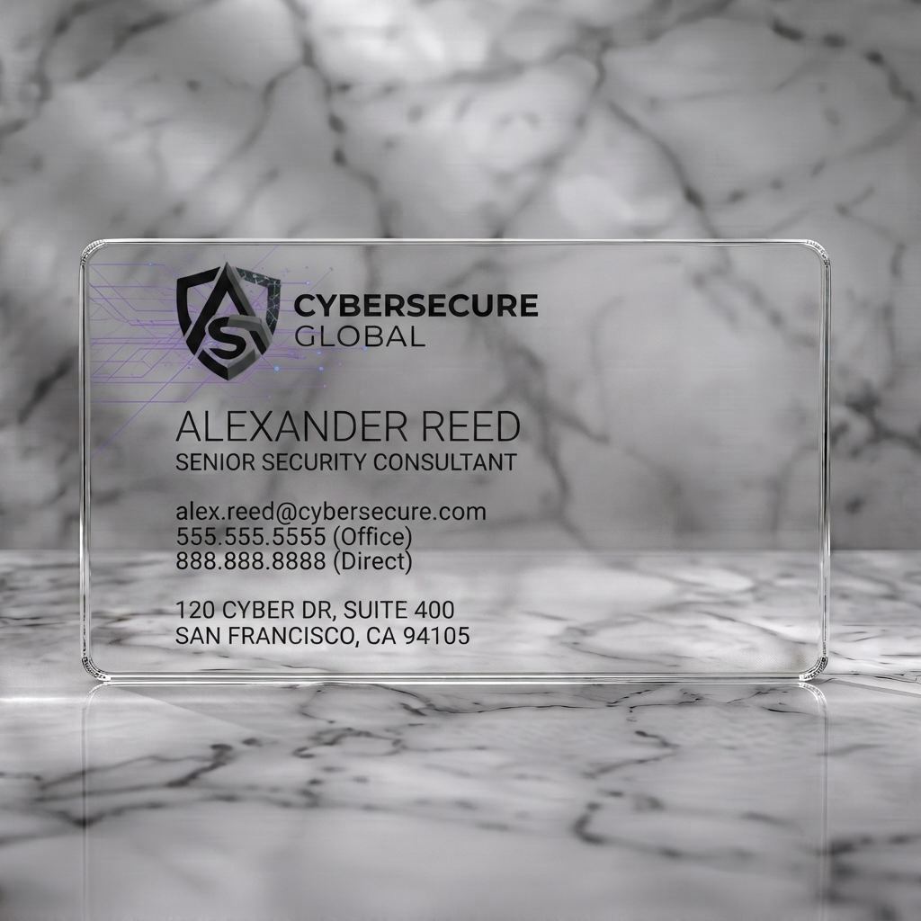 Clear plastic business card featuring a cybersecurity shield logo featuring circuit lines, modern sans-serif typography, and clean white and dark grey text