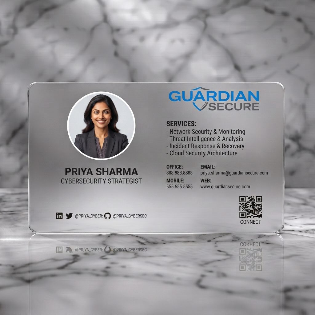 Frosted translucent plastic business card featuring a modern split-layout with blue and gray branding, sans-serif typography, a shield logo, and social media icons